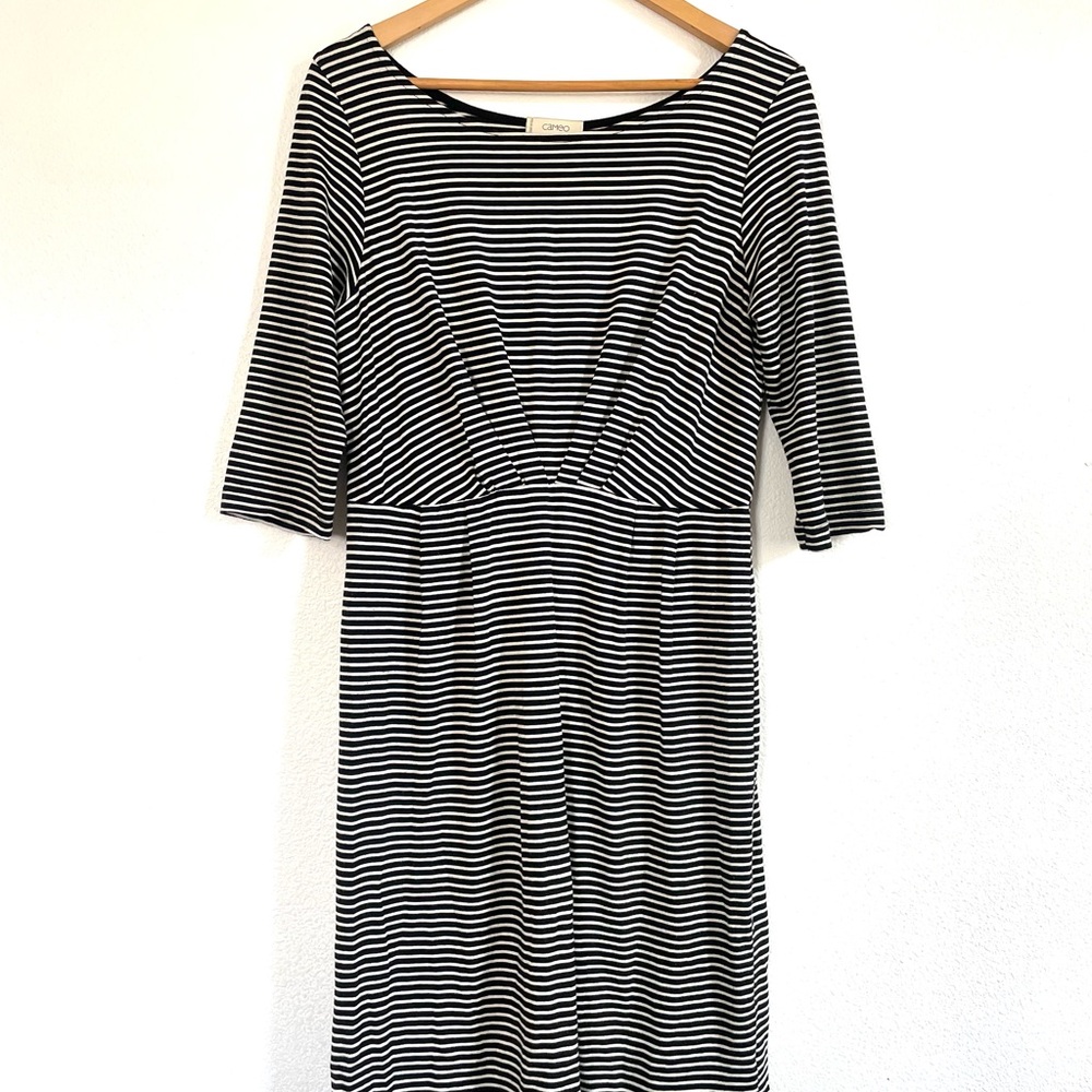 Stretchy striped dress with empire waist, made in the US from Cameo Clothing